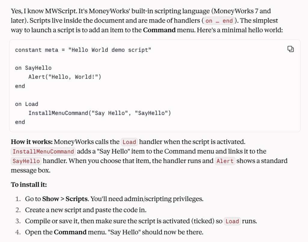 Claude knows all about MWScript and can help you to learn it too