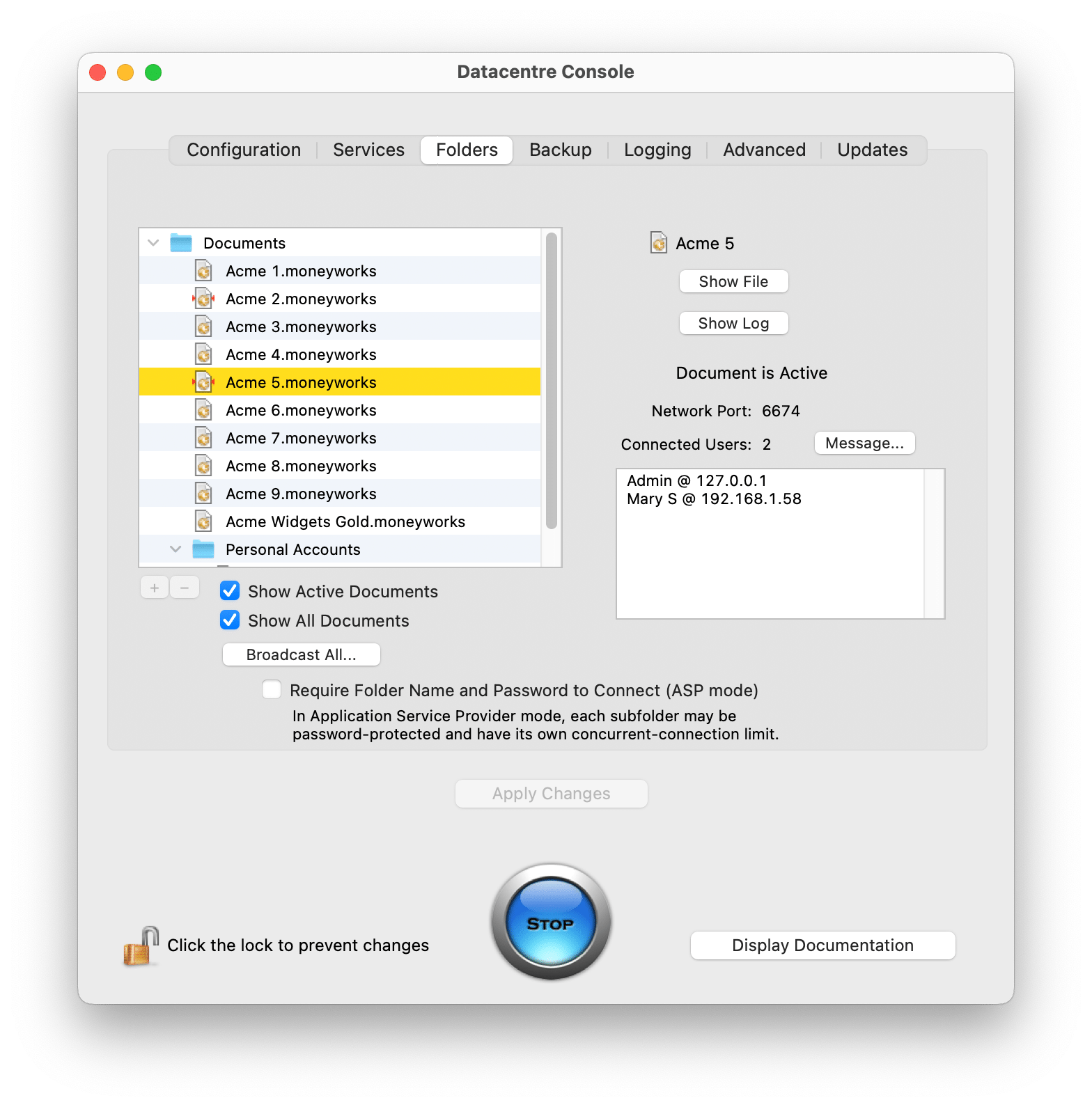 MoneyWorks Datacentre Console window showing Folders tab