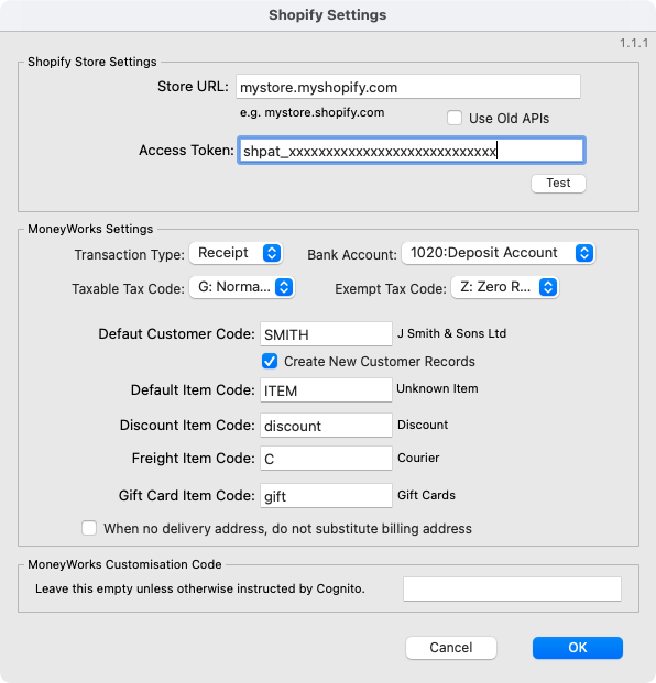 MoneyWorks Shopify Settings