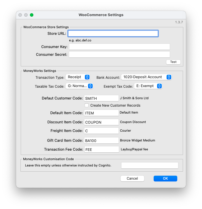 MoneyWorks WooCommerce Settings