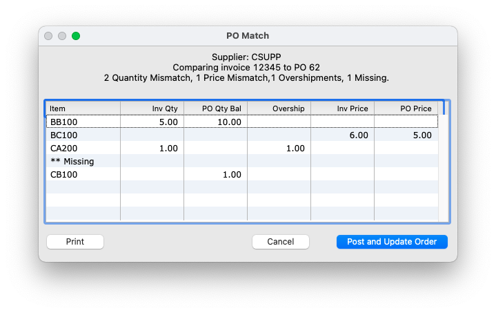 Matching an invoice with a purchase order