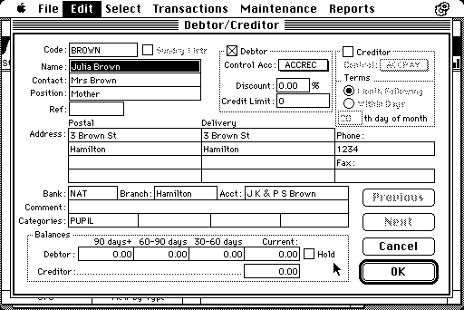 MoneyWorks 1 customer/supplier entry screen