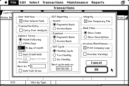 MoneyWorks 1 preferences